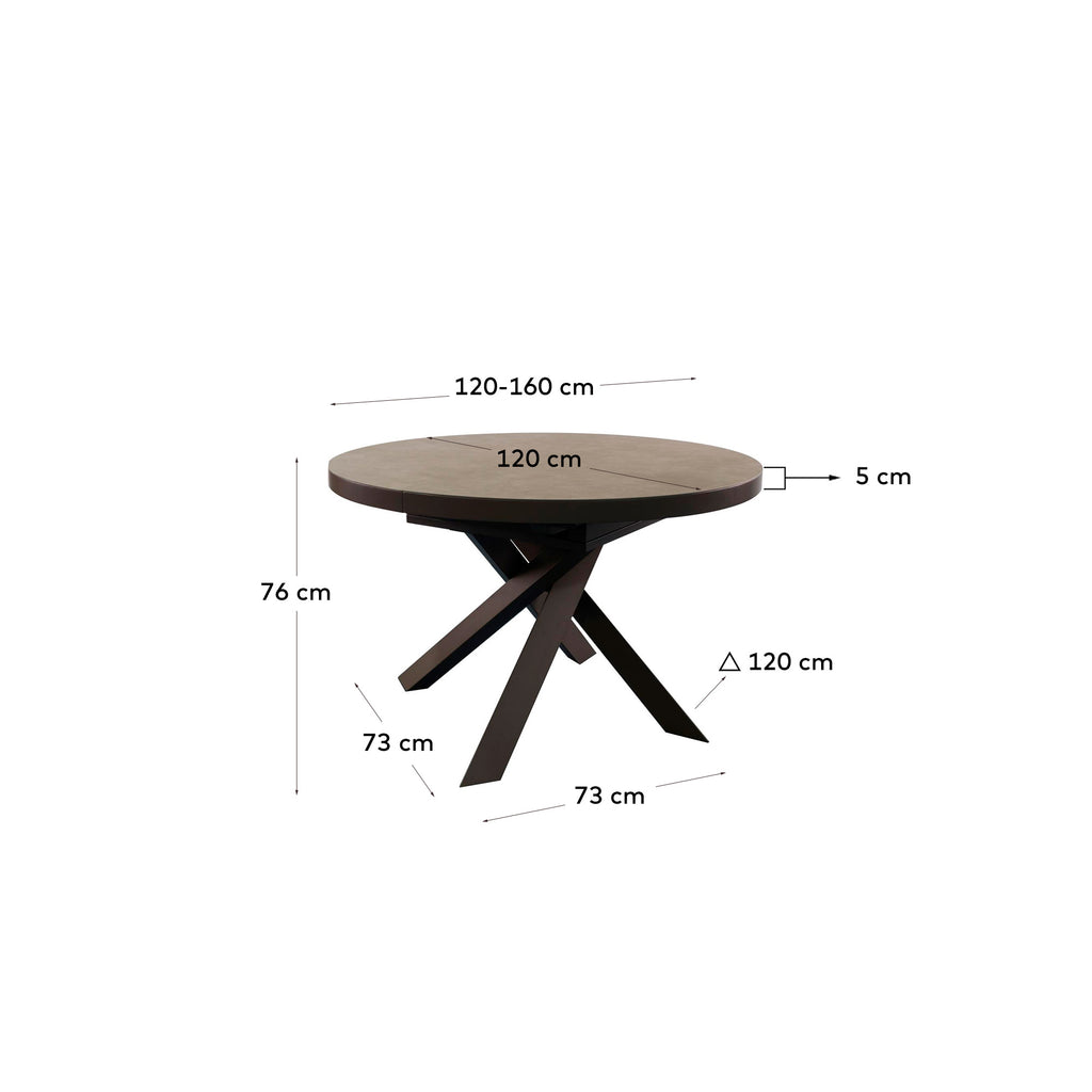Taula extensible rodona Vashti porcellànic i potes d'acer acabat marró Ø 120 (160) cm