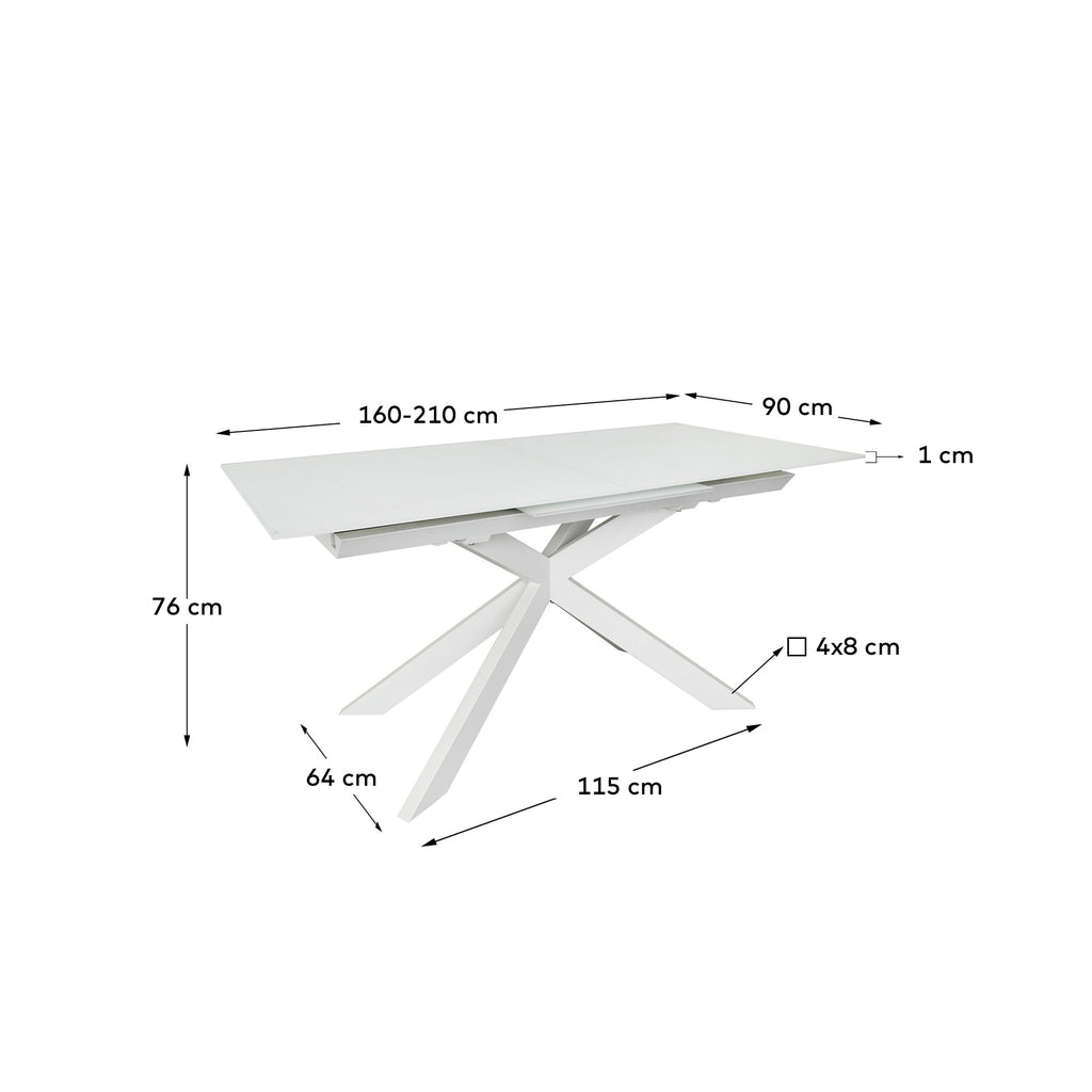 Taula extensible Atminda vidre temperat i potes d'acer acabat blanc 160 (210) x 90 cm