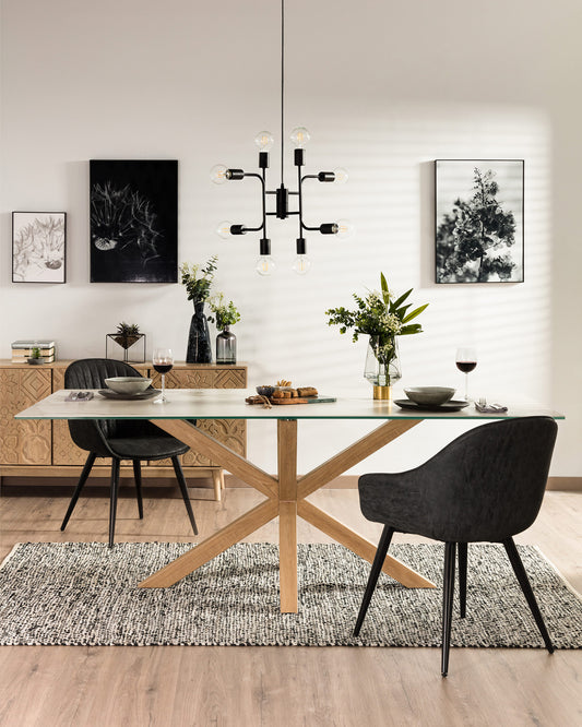 Mesa Argo de porcelánico Kalos blanco y patas de acero con efecto madera 180 x 100 cm