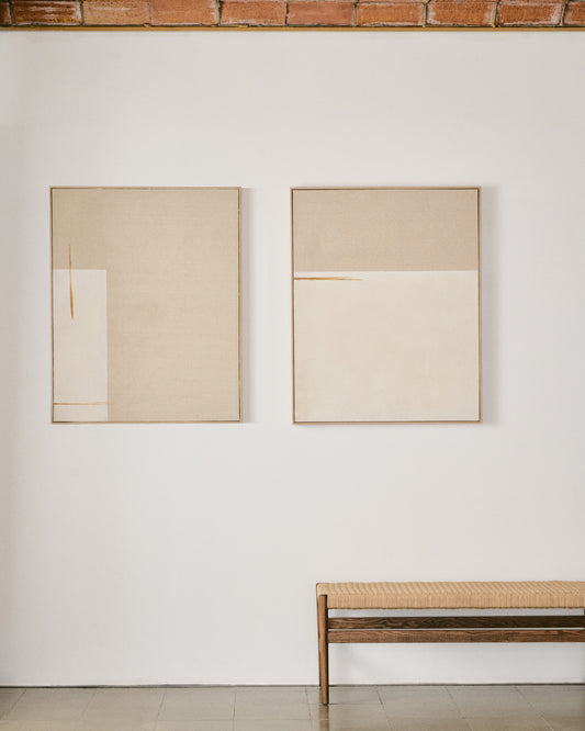 Cuadro abstracto Salin con raya vertical de lino beige  80 x 100 cm