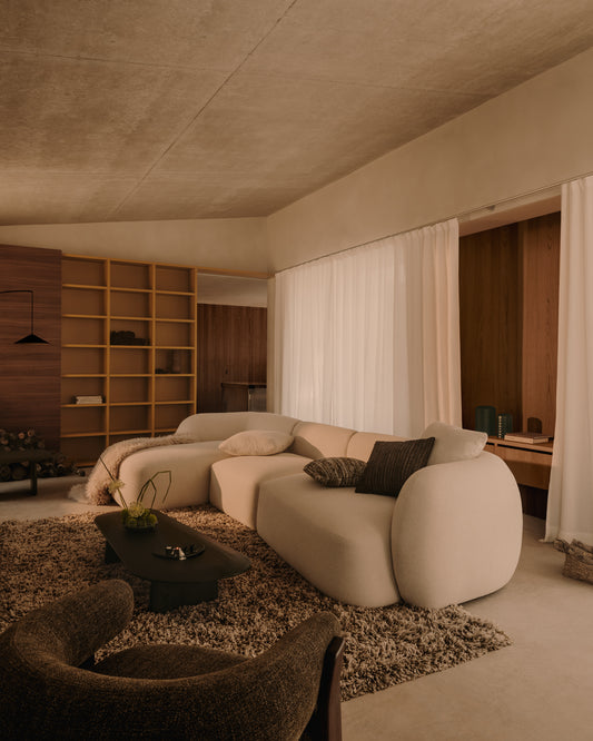 Sofá modular Martina 4 plazas de chenilla con chaise longue derecho color crudo 377 cm