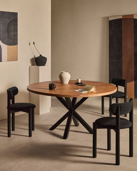 Mesa redonda Argo de madera maciza de acacia y patas de acero con acabado negro Ø 150 cm