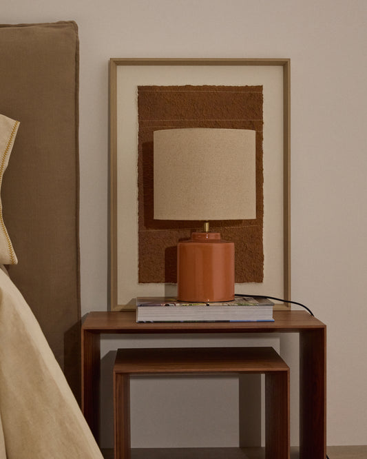 Lámpara de mesa Daeli de cerámica con acabado naranja y algodón beige