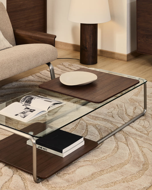 Taula de centre Tarsel de vidre trempat i safata de xapa de noguera amb estructura d'acer inoxidable raspallat 140x60 cm