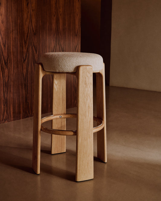 Tabouret Granite version ignifugée en chenille beige et bois de frêne finition ton naturel FSC 100 % 75 cm