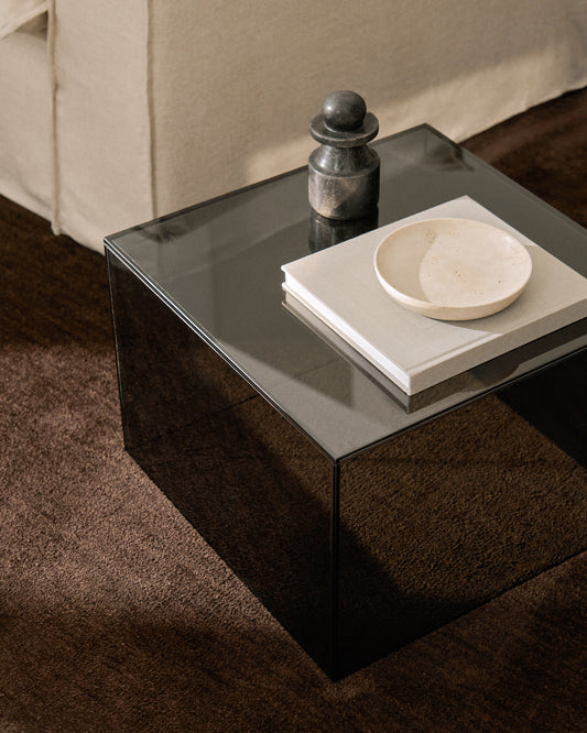 Taula auxiliar Orlia de vidre trempat gris fosc 50 x 50 cm
