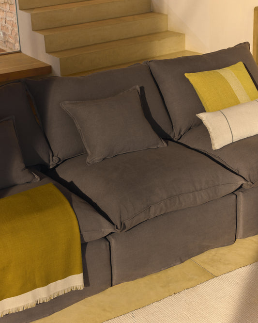 Manta Orlet de llana reversible mostassa i beix 130 x 170 cm