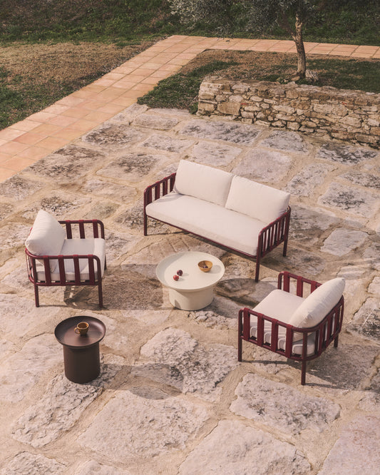 Set Omala de sofá de 2 plazas y 2 sillones de cuerda y aluminio burdeos