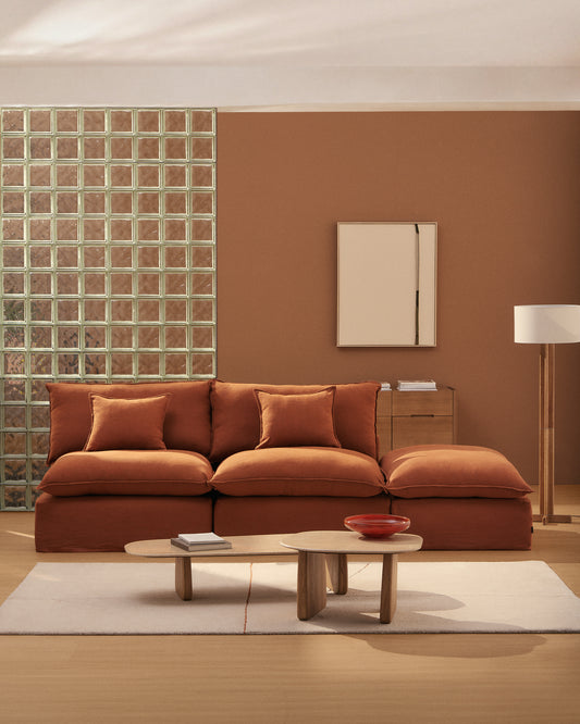 Canapé modulable déhoussable Anarela 2 places avec pouf terminal en 100 % lin terracotta 270 cm FSC Mix Credit