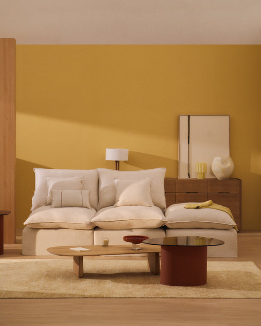 Canapé modulable déhoussable Anarela 2 places avec pouf terminal en lin et viscose beige 270 cm FSC Mix Credit