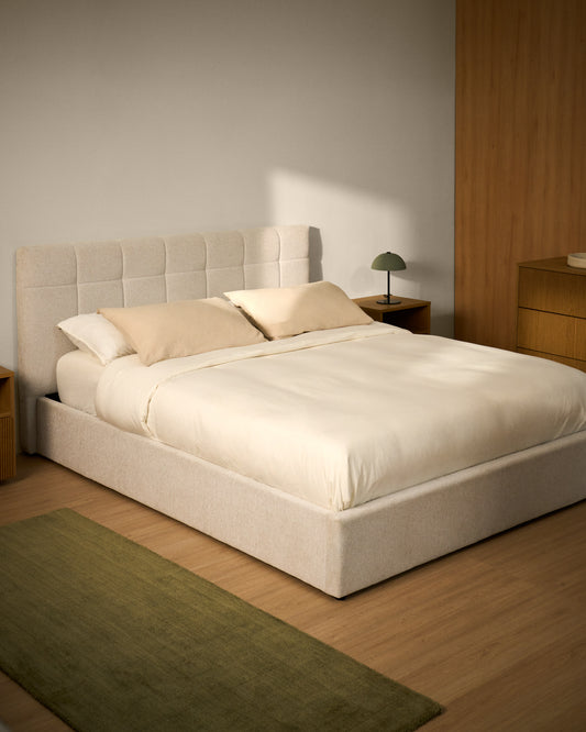 Lit avec sommier coffre Darnela en chenille écrue pour matelas de 160 x 200 cm
