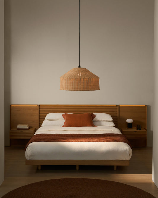Tête de lit Norlen avec 2 tables de nuit en placage de chêne avec finition naturelle et lumière LED pour lit jusqu’à 180 cm FSC Mix Credit