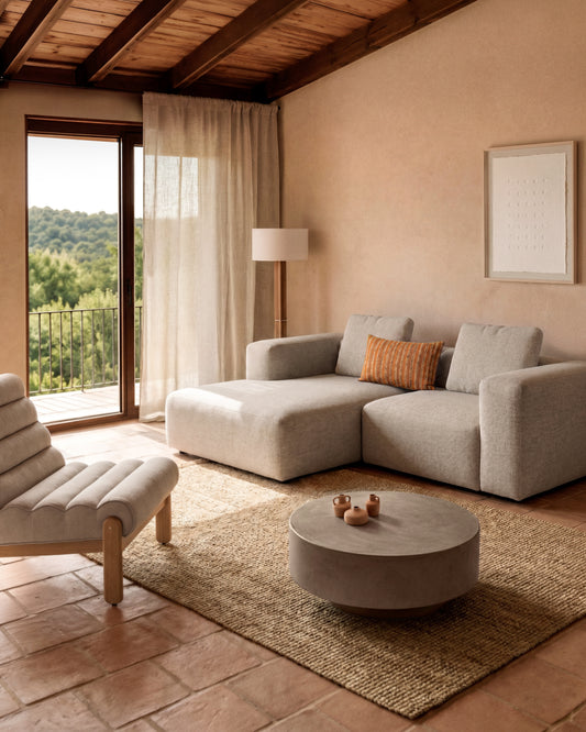 Canapé Blok 2 places en chenille avec méridienne droite beige 240 cm – FSC Mix Credit