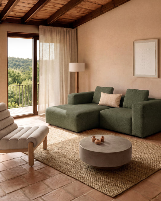 Canapé Blok 2 places en chenille avec méridienne droite vert mousse 240 cm – FSC Mix Credit