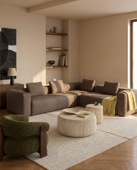 Canapé d’angle Blok 4 places en chenille marron 290 x 290 cm – FSC Mix Credit