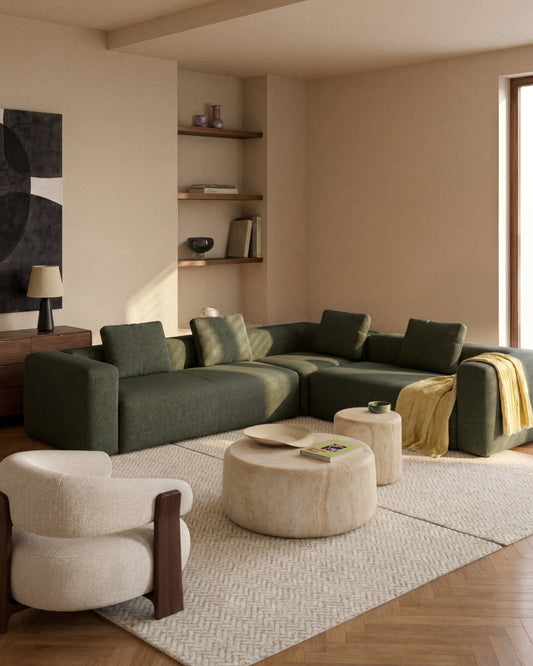 Canapé d’angle Blok 4 places en chenille vert mousse 290 x 290 cm – FSC Mix Credit