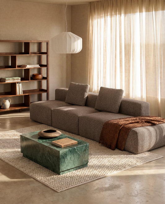 Canapé Blok 3 places avec pouf terminal gauche en chenille marron 325 cm – FSC Mix Credit