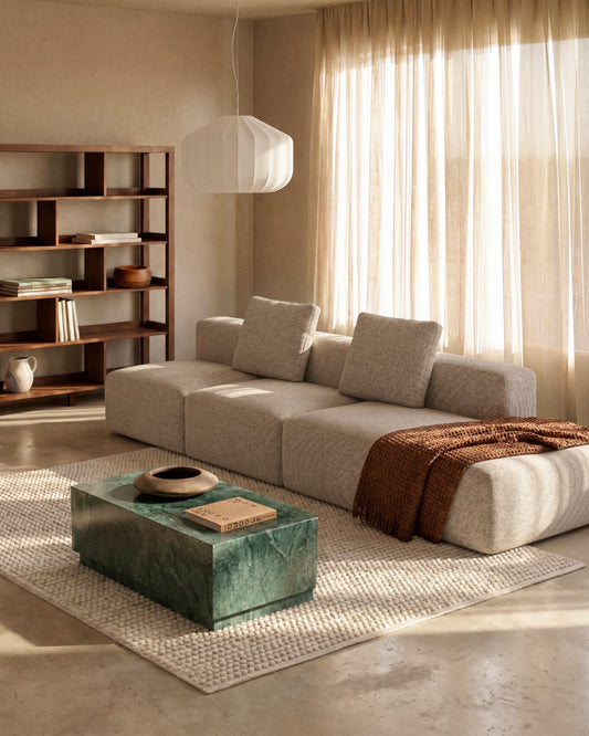 Canapé Blok 3 places avec pouf terminal droit en chenille beige 325 cm – FSC Mix Credit