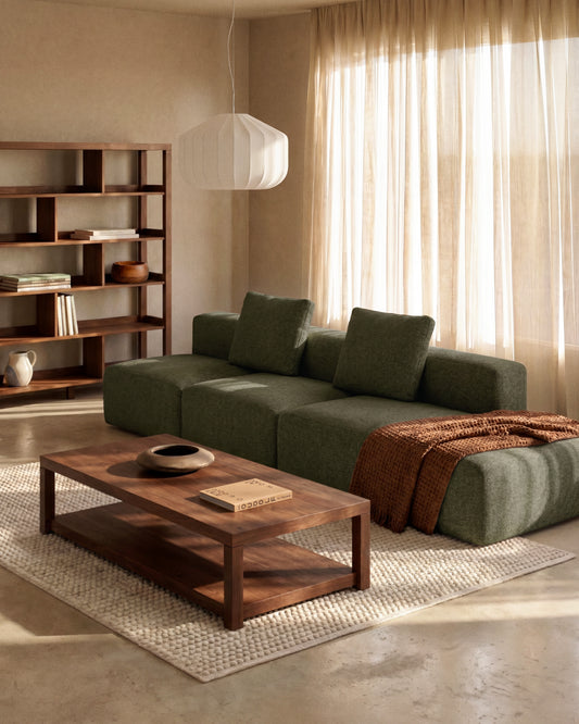 Canapé Blok 3 places avec pouf terminal droit en chenille vert mousse 325 cm – FSC Mix Credit