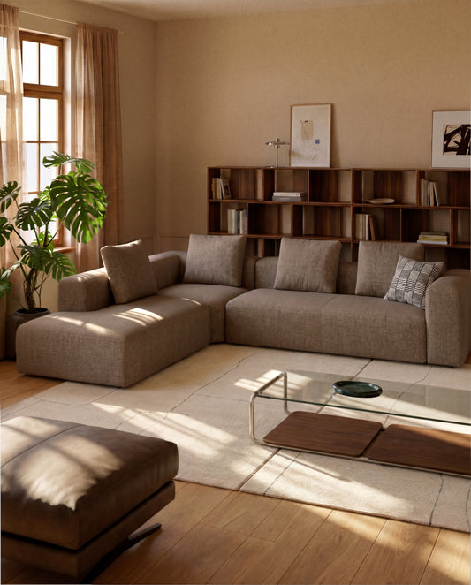 Canapé d’angle Blok 5 places avec pouf terminal droit en chenille marron 320 x 255 cm – FSC Mix Credit