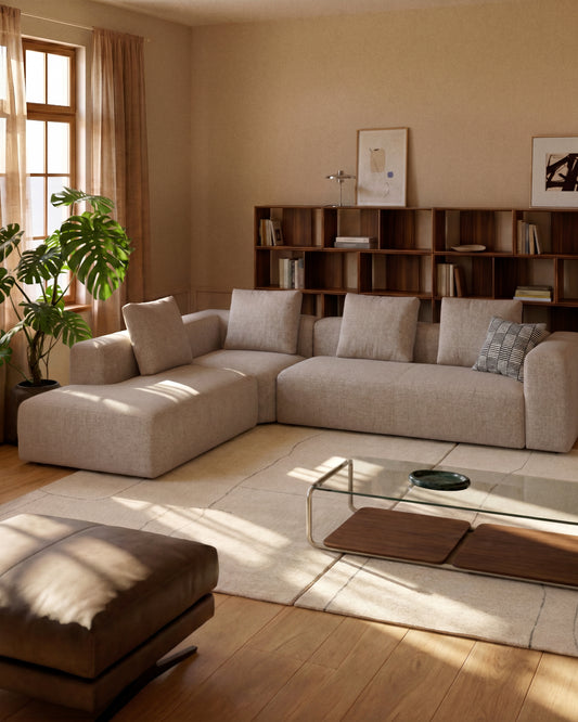 Canapé d’angle Blok 5 places avec pouf terminal droit en chenille beige 320 x 255 cm – FSC Mix Credit