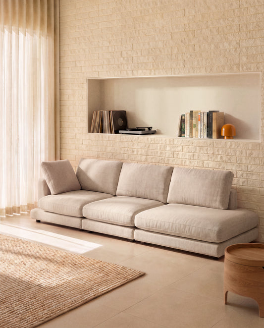 Canapé modulable Gala 4 places avec pouf terminal gauche en chenille beige 315 cm – FSC Mix Credit