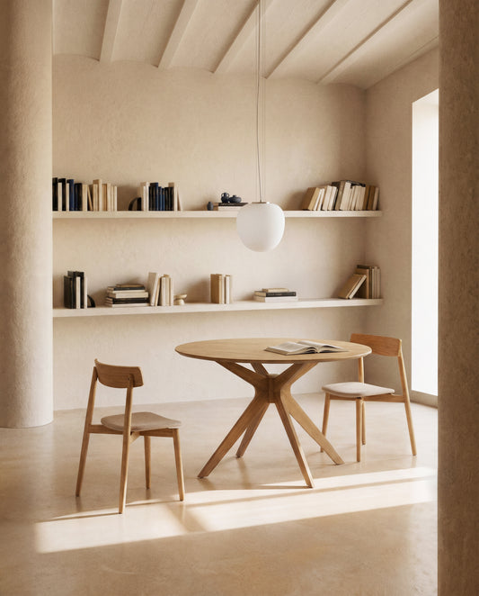 Silla Evera de chapa de roble con acabado en tono natural y chenilla beige