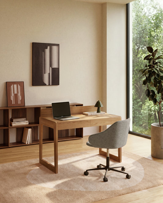 Chaise de bureau Einara en chenille grise et pieds en acier noir