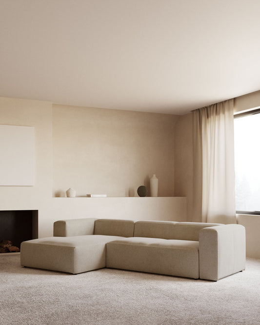 Canapé Blok 3 places en chenille avec méridienne gauche beige 300 cm – Certifié FSC Mix Credit