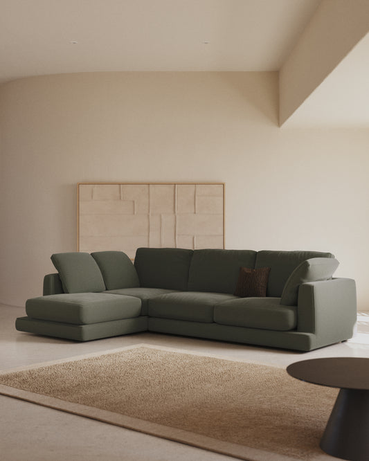 Sofà Gala de 4 places amb chaiselongue esquerra en xenilla verd fosc FSC Mix Credit 300 cm