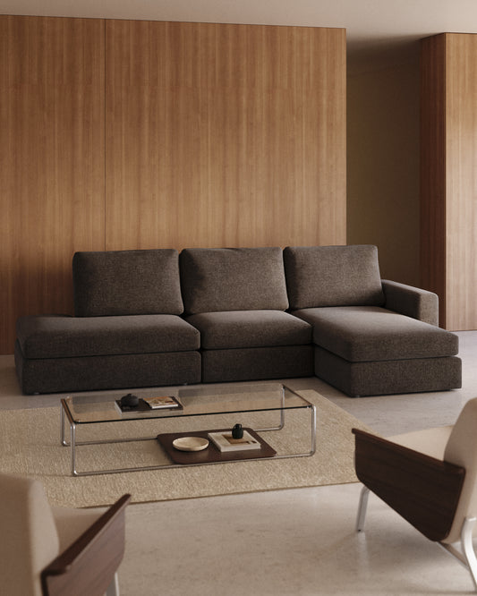 Canapé modulable déhoussable Alea 5 places en chenille marron foncé avec méridienne droite 340 cm