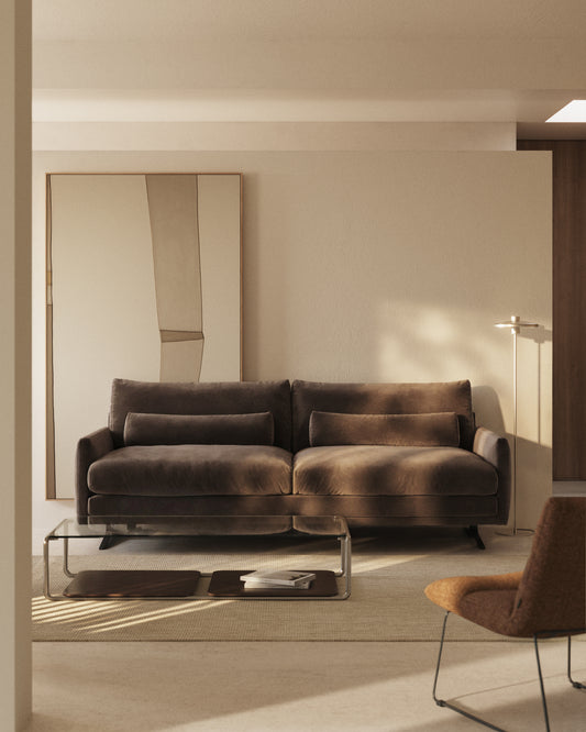 Canapé Veliro 3 places en velours marron chocolat avec pieds en acier noir 240 cm – Certifié FSC Mix Credit