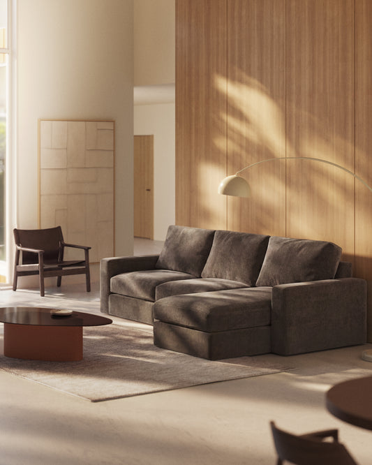 Canapé modulable déhoussable Alea 4 places avec méridienne droite chenille marron foncé 310 cm