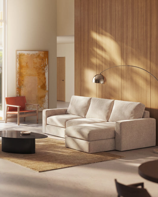 Canapé modulable déhoussable Alea 4 places avec méridienne droite chenille beige 310 cm