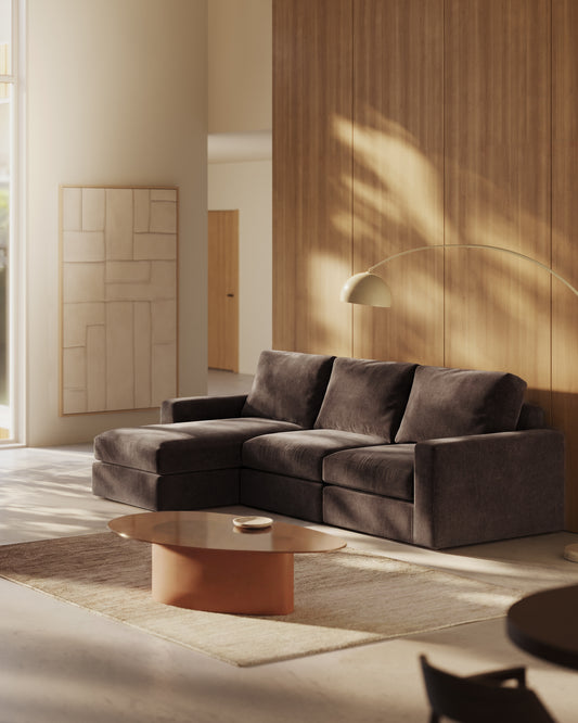 Canapé modulable déhoussable Alea 4 places avec méridienne gauche chenille marron foncé 310 cm