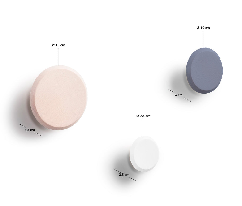 Conjunt Nadua de 3 penjadors de fusta massissa de faig amb acabat natural, blau i blanc