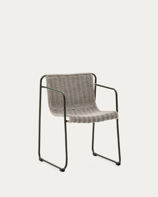 Chaise empilable Maurina en acier galvanisé vert et corde écrue et grise