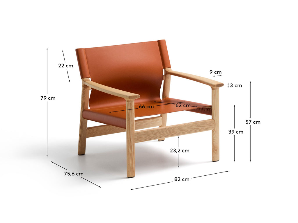 Fauteuil Jan en fibres de cuir recyclé marron clair et bois de frêne avec finition ton naturel FSC 100 %