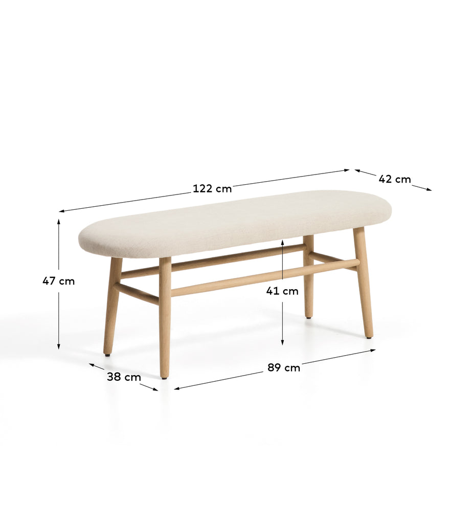 Banco Helda de chenilla beige y madera maciza de roble FSC Mix Credit 122 cm 