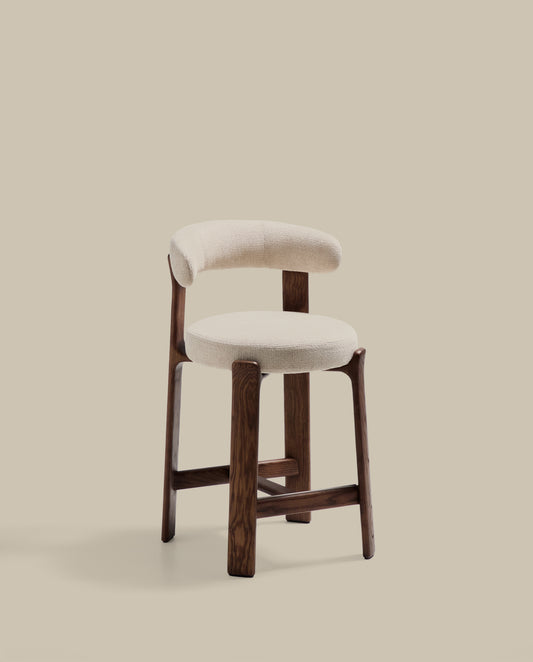 Tabouret Granite en tissu chenille beige et bois de frêne avec finition ton noyer FSC 100 % 65 cm