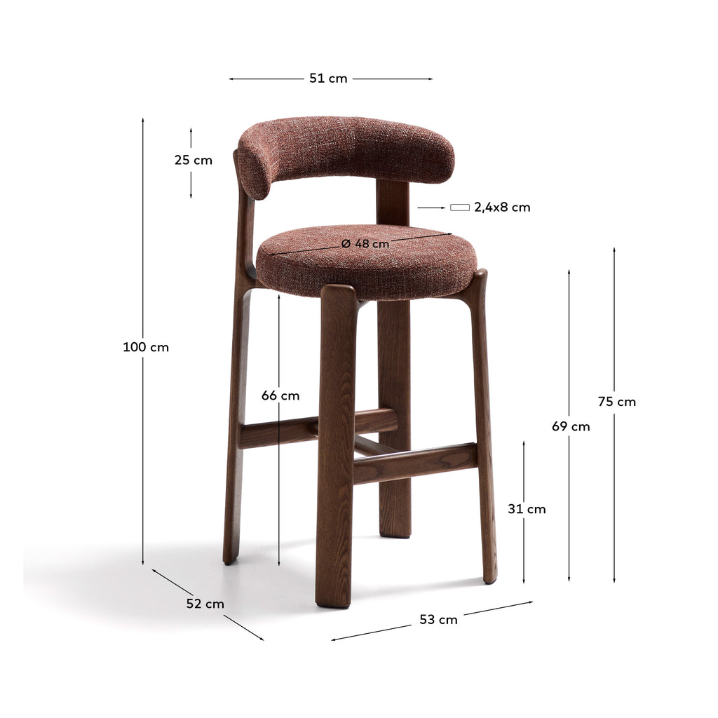 Tabouret Granite en tissu chenille marron et bois de frêne avec finition ton noyer FSC 100 % 75 cm