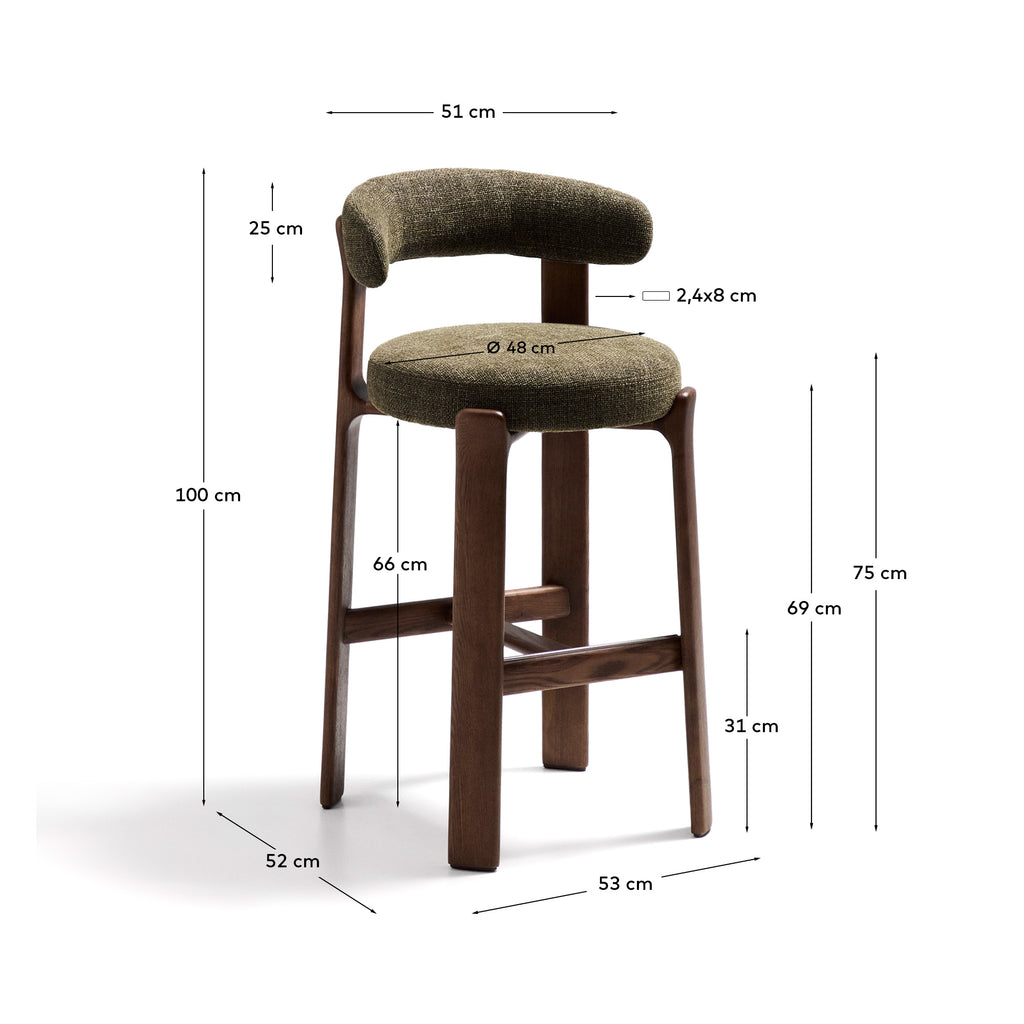 Tamboret Granite de xenilla verda i fusta massissa de freixe amb acabat en to noguera FSC 100% 75 cm
