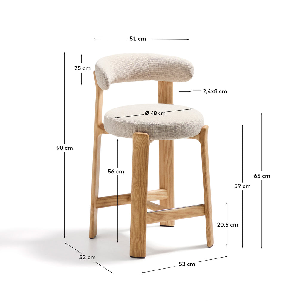Tabouret Granite en tissu chenille beige et bois de frêne avec finition ton naturel FSC 100 % 65 cm