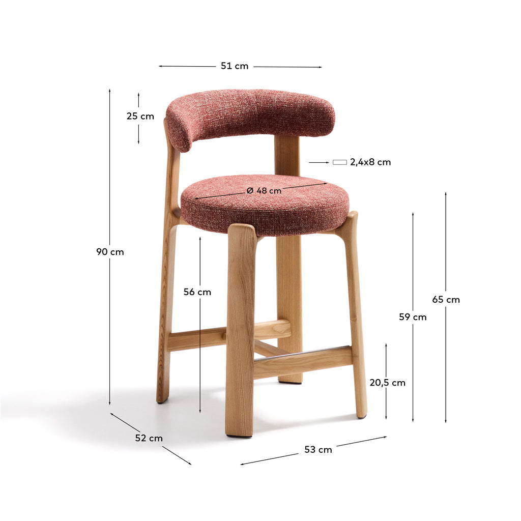 Taburete Granite de chenilla terracota y madera maciza de fresno con acabado tono natural FSC 100% 65 cm