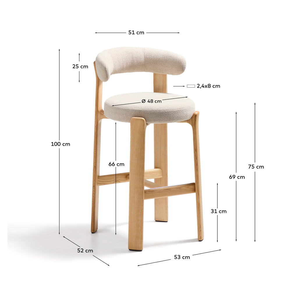Tamboret Granite de xenilla beix i fusta massissa de freixe amb acabat en to natural FSC 100% 75 cm