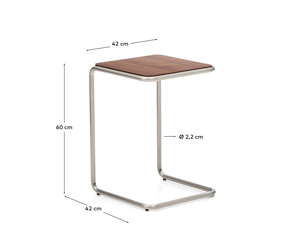 Taula auxiliar Tarsel de xapa de noguera amb estructura d'acer inoxidable raspallat 42x60 cm