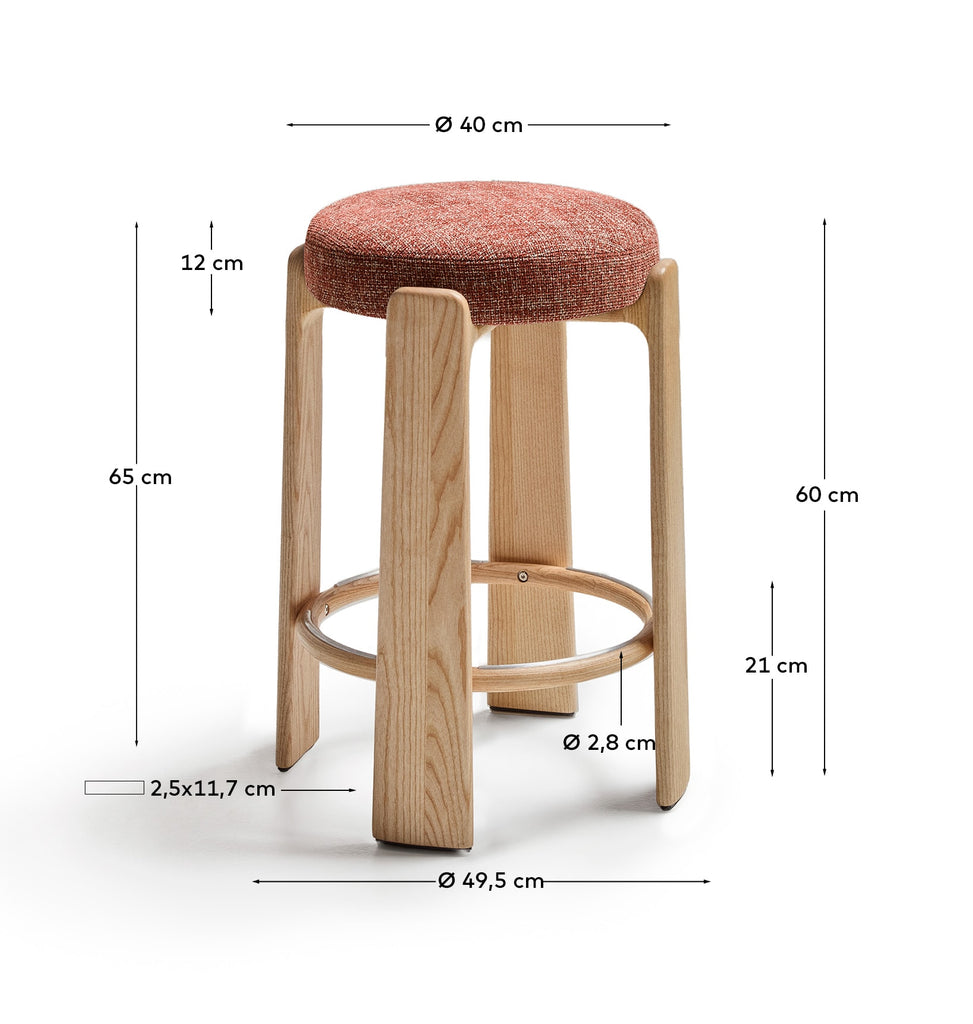 Tabouret Granite en tissu chenille terracotta et bois de frêne avec finition ton naturel FSC 100 % 65 cm