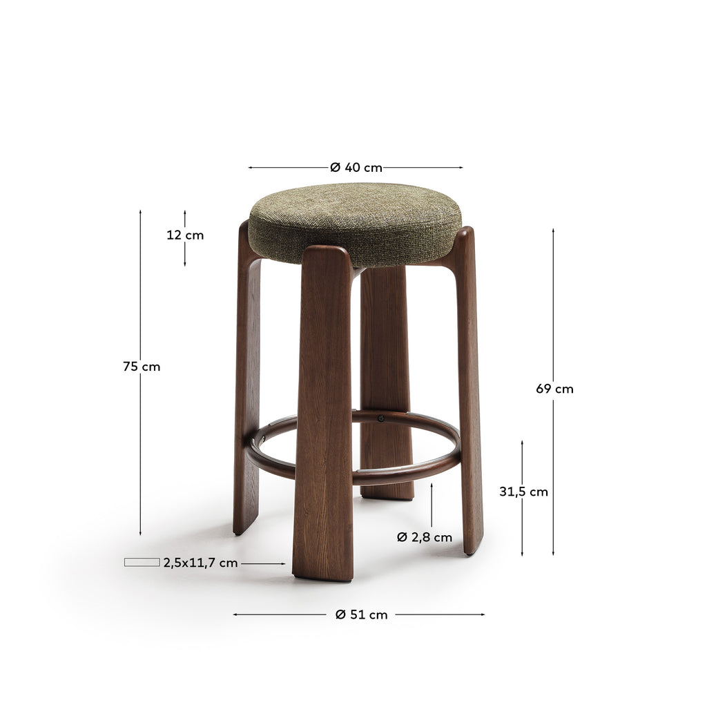 Tabouret Granite en tissu chenille verte et bois de frêne avec finition ton noyer FSC 100 % 75 cm