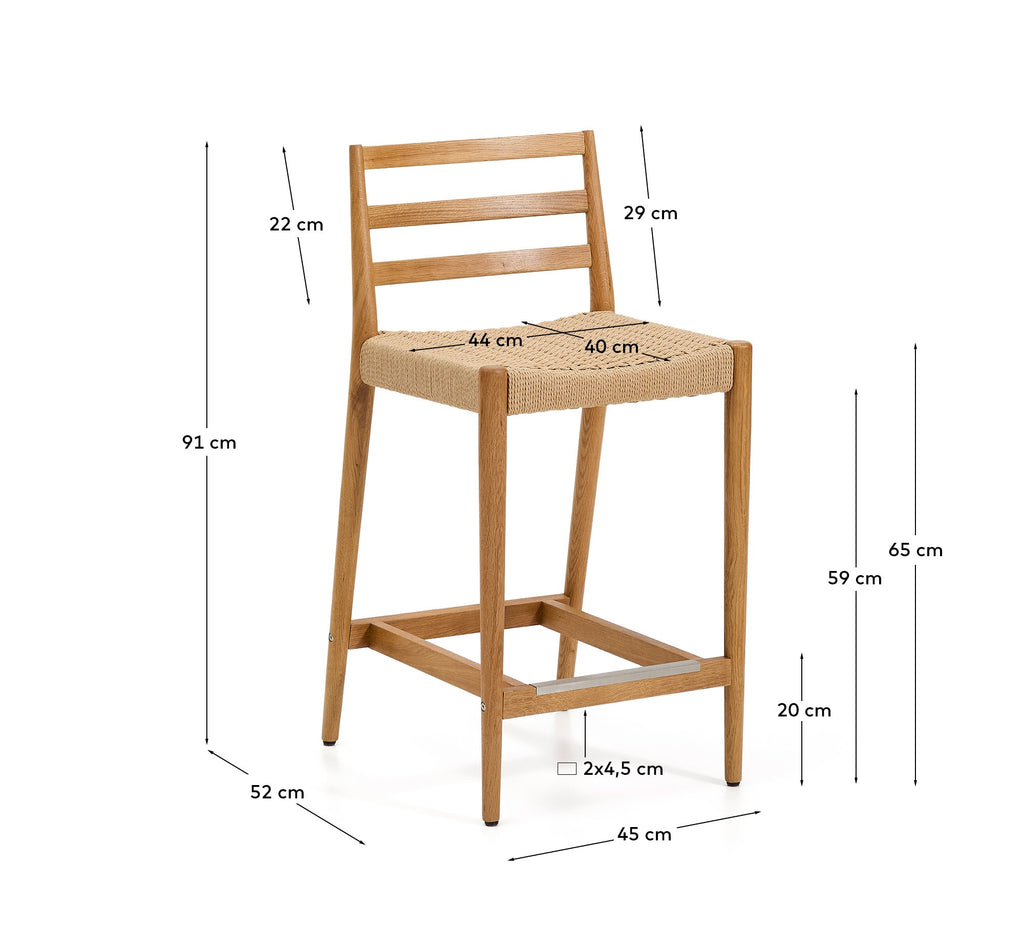 Tabouret Analy dossier bois de chêne finition ton naturel et assise corde 65 cm FSC 100 %.