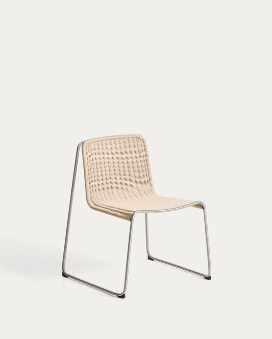 Chaise empilable Tavari en corde synthétique beige et acier inoxydable AISI 304 effet brossé
